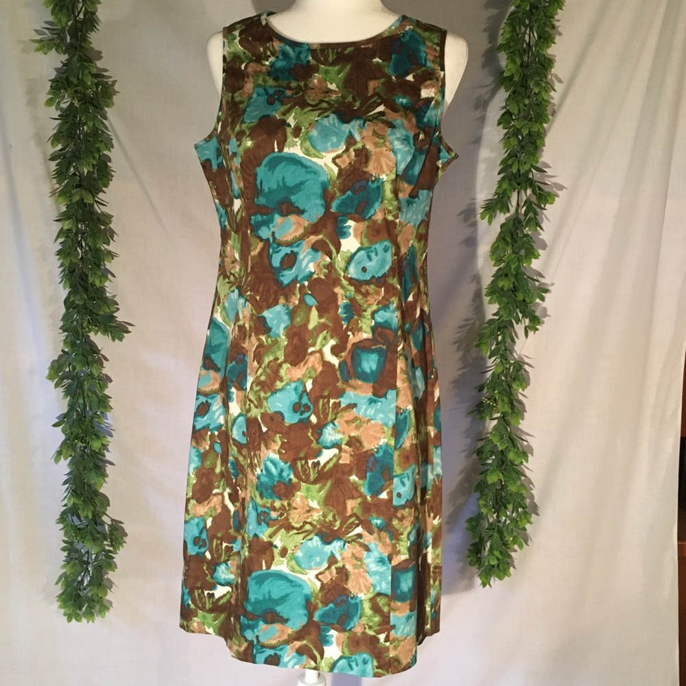 Talbots Floral Print Cotton Dress Blue Green Brown